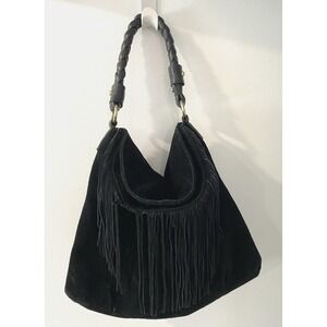 CZ Falconer Suede Fringed Hobo Handbag Pocketbook Black  Braided Handle